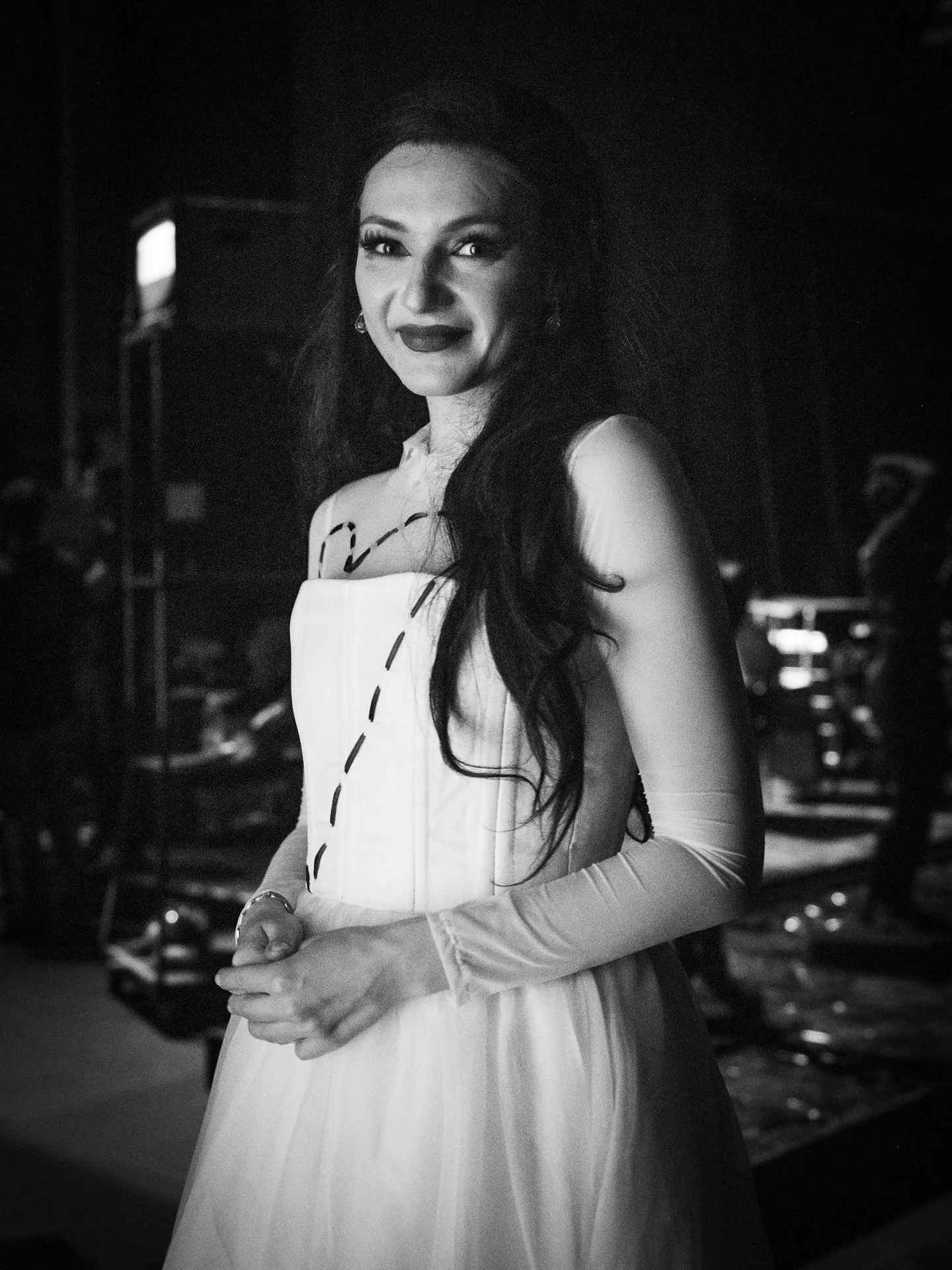 Black and white portrait of a singer backstage at Francesca da Rimini
