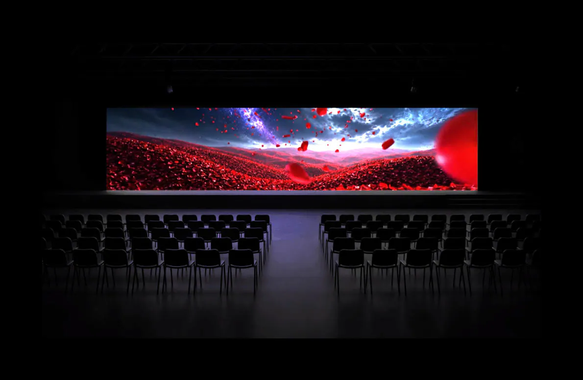 Render of the venue with the panoramic LED wall switched on, used to check the content before the event