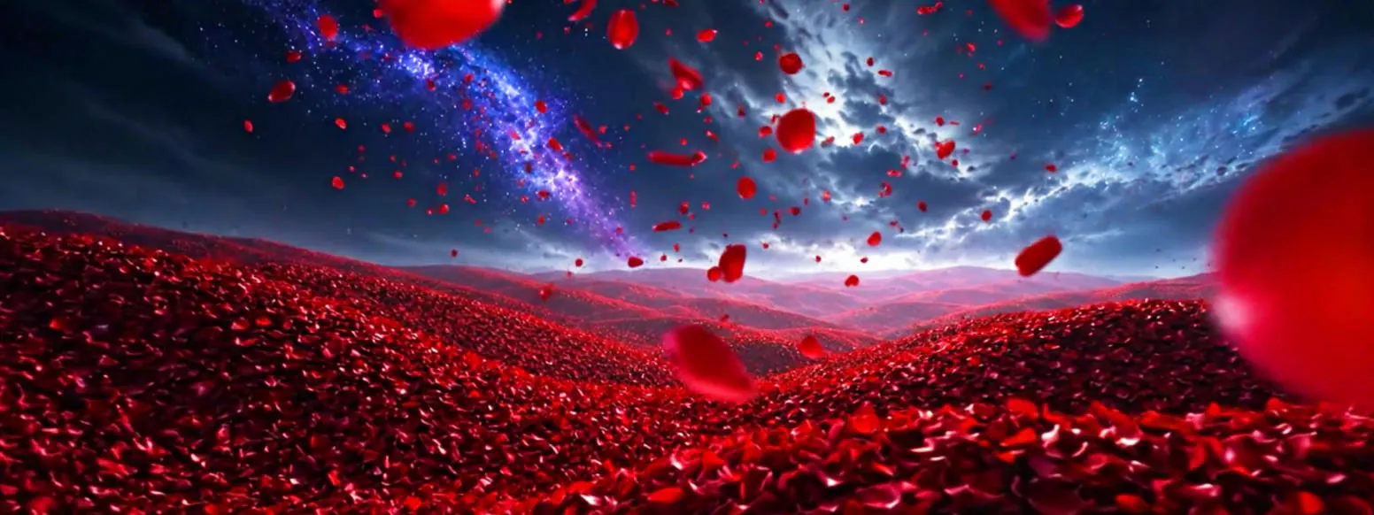 Backdrop frame: a field of red petals under a cosmic sky