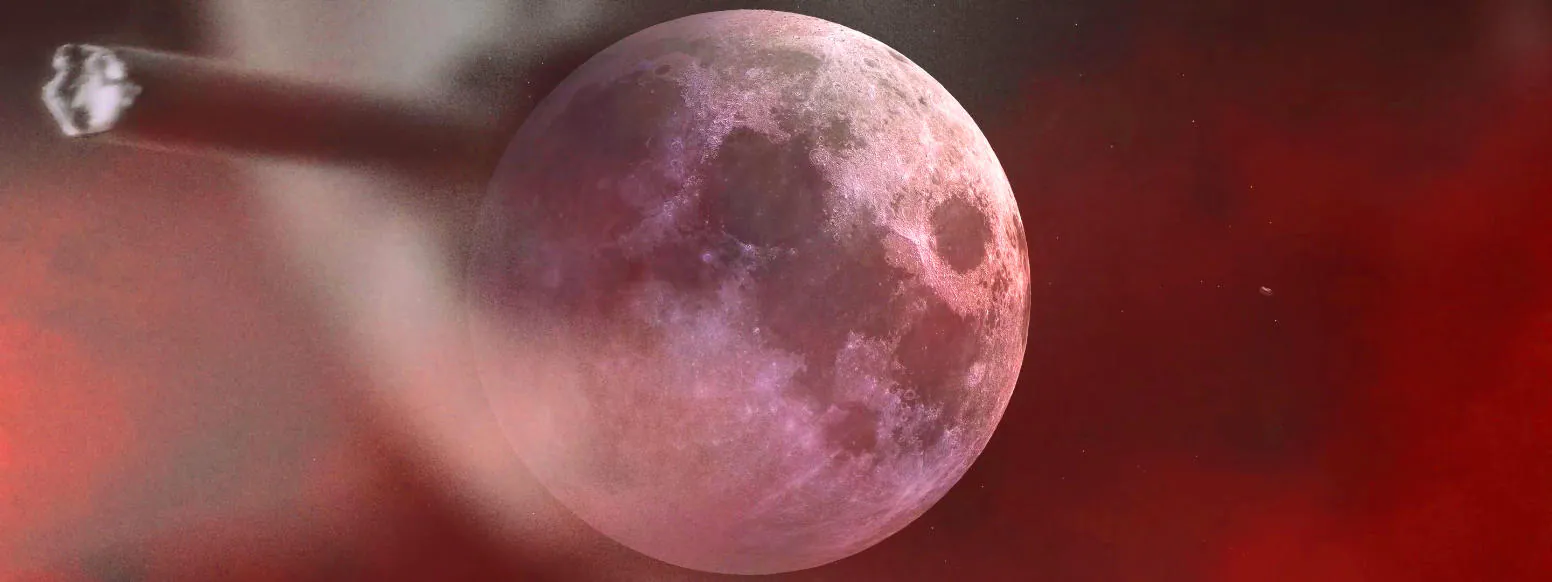 Backdrop frame: a red moon and a thin needle