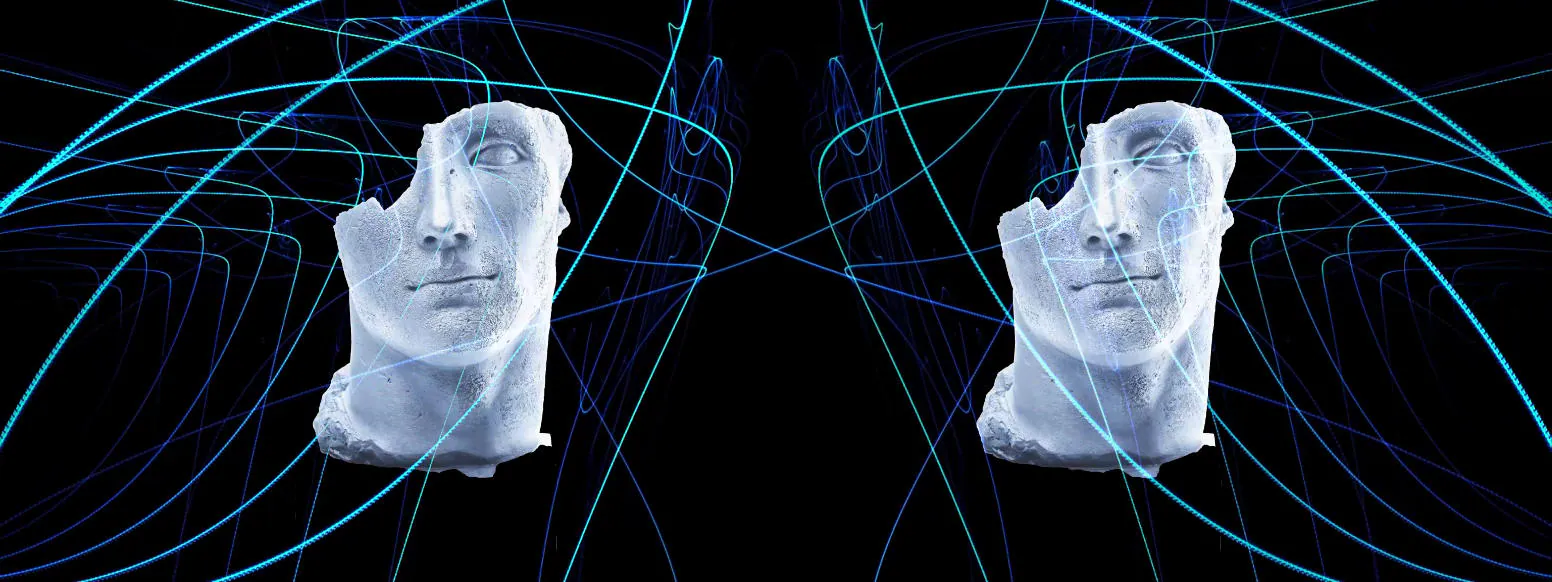Backdrop frame: two classical statue faces in a grid of blue lines