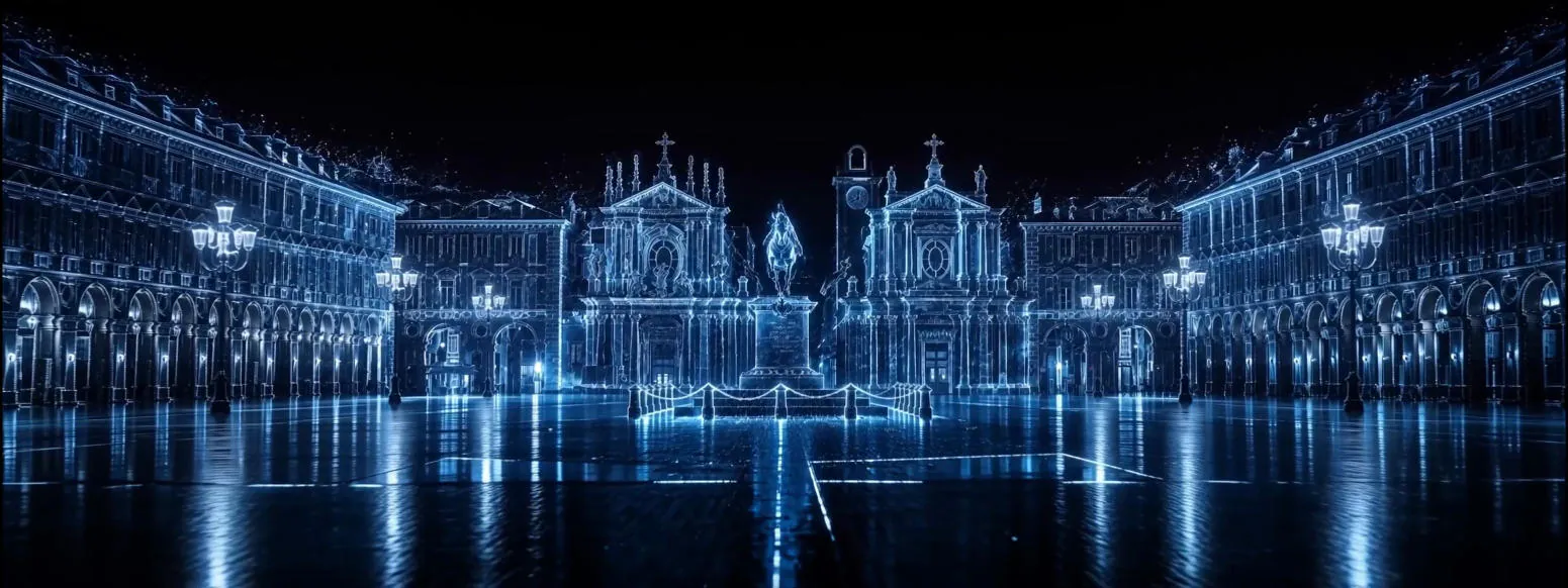 Backdrop frame: a baroque square rebuilt in blue light