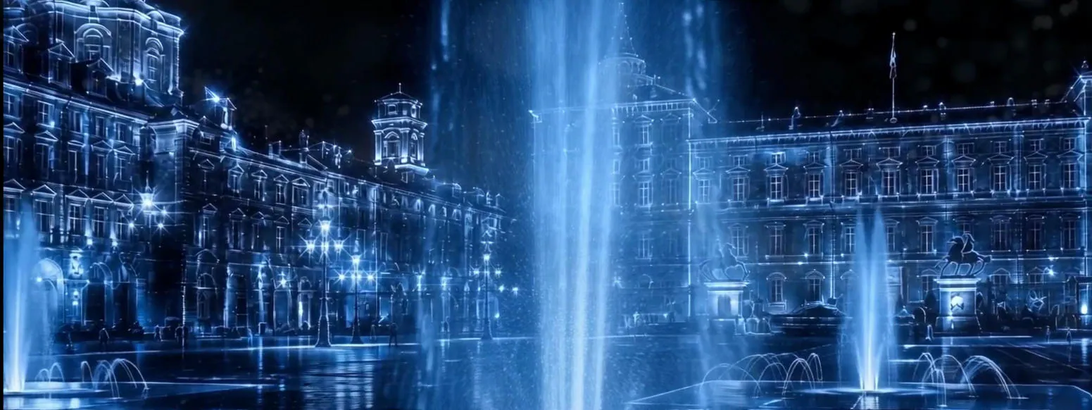 Backdrop frame: fountains of light in front of a palace