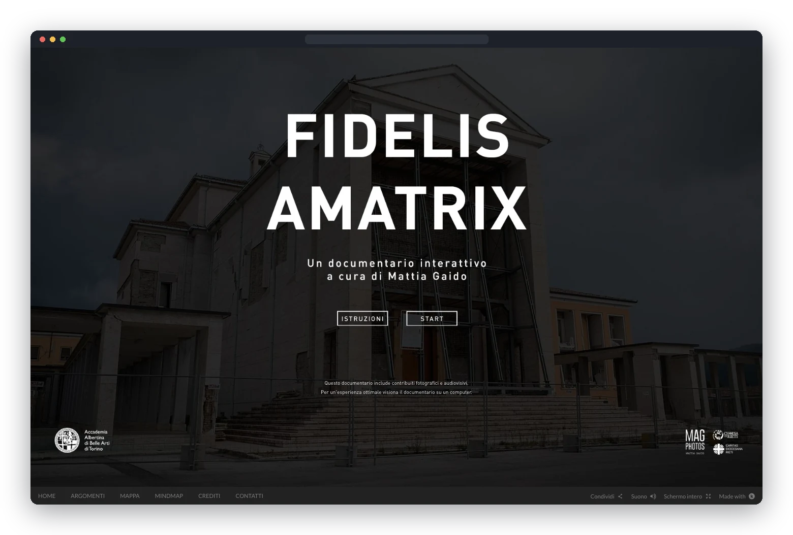 The opening screen of the Fidelis Amatrix interactive documentary