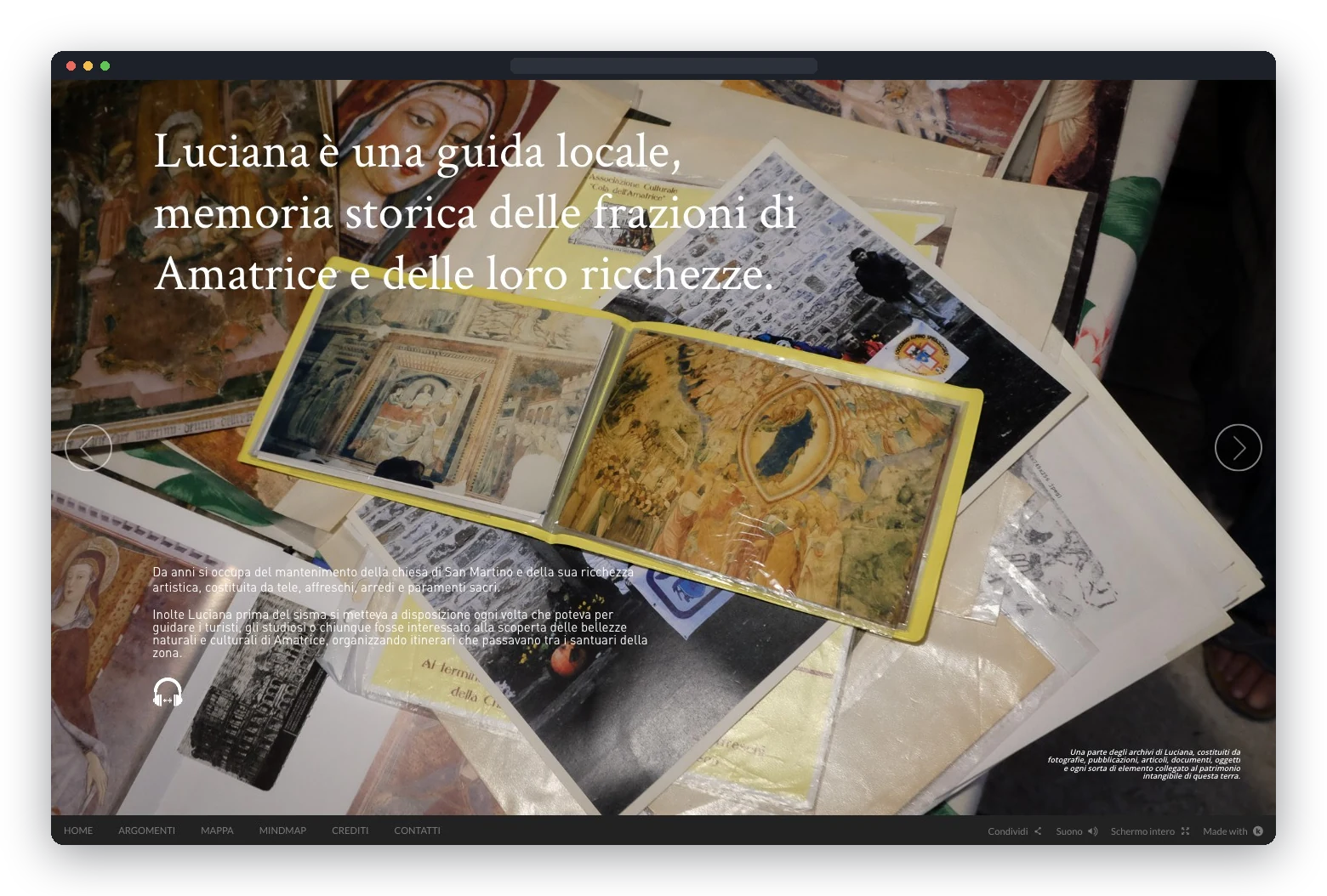 Screen of the interactive documentary: postcards and archive photographs on a table, with the text on Luciana, a local guide