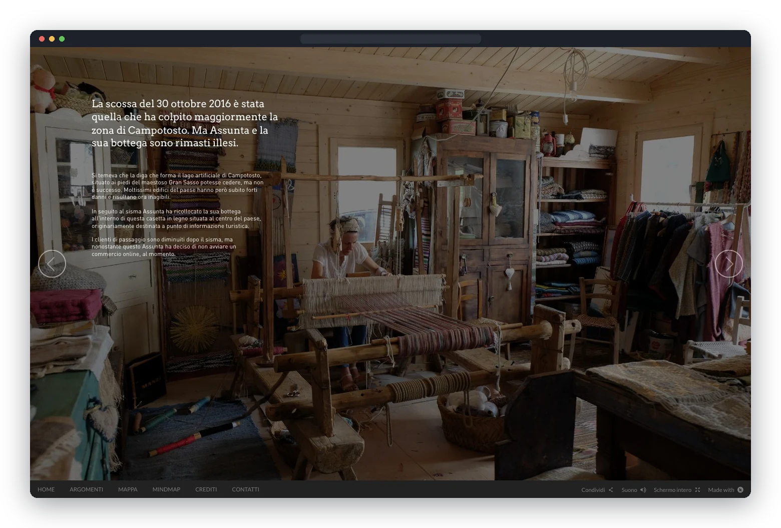Screen of the interactive documentary: Assunta’s workshop with an explanatory text