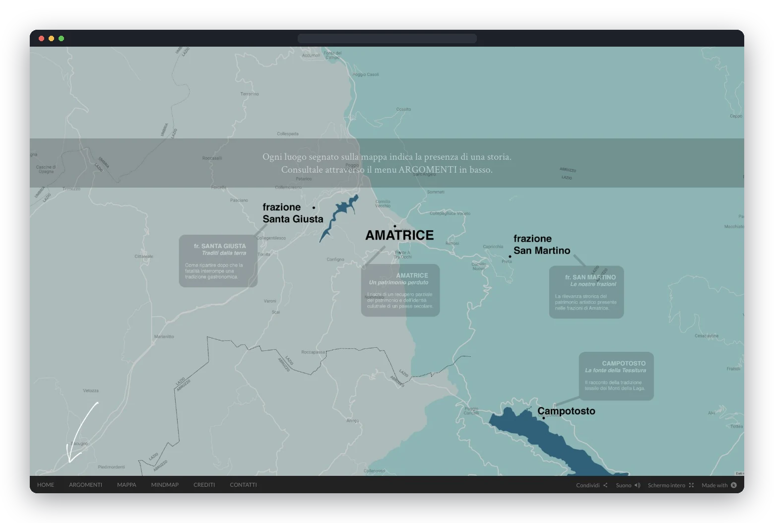 Screen of the interactive documentary with the map of places between Amatrice, its hamlets and Campotosto