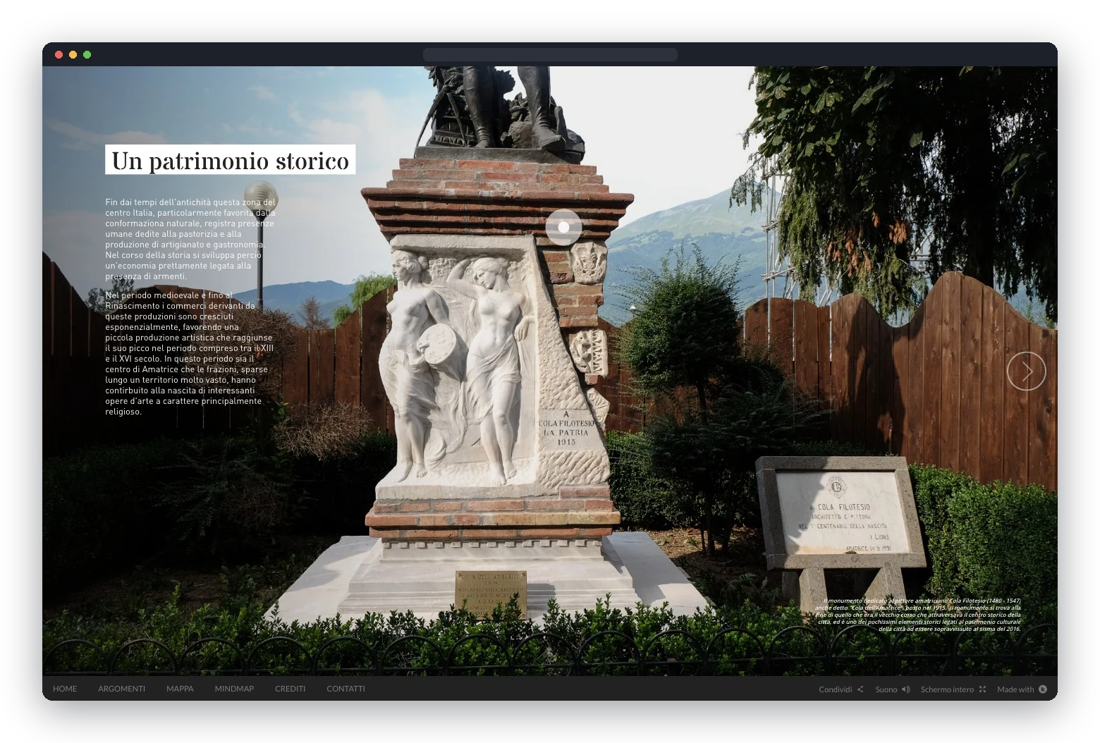 Screen of the interactive documentary with the title Un patrimonio storico, over a stone monument