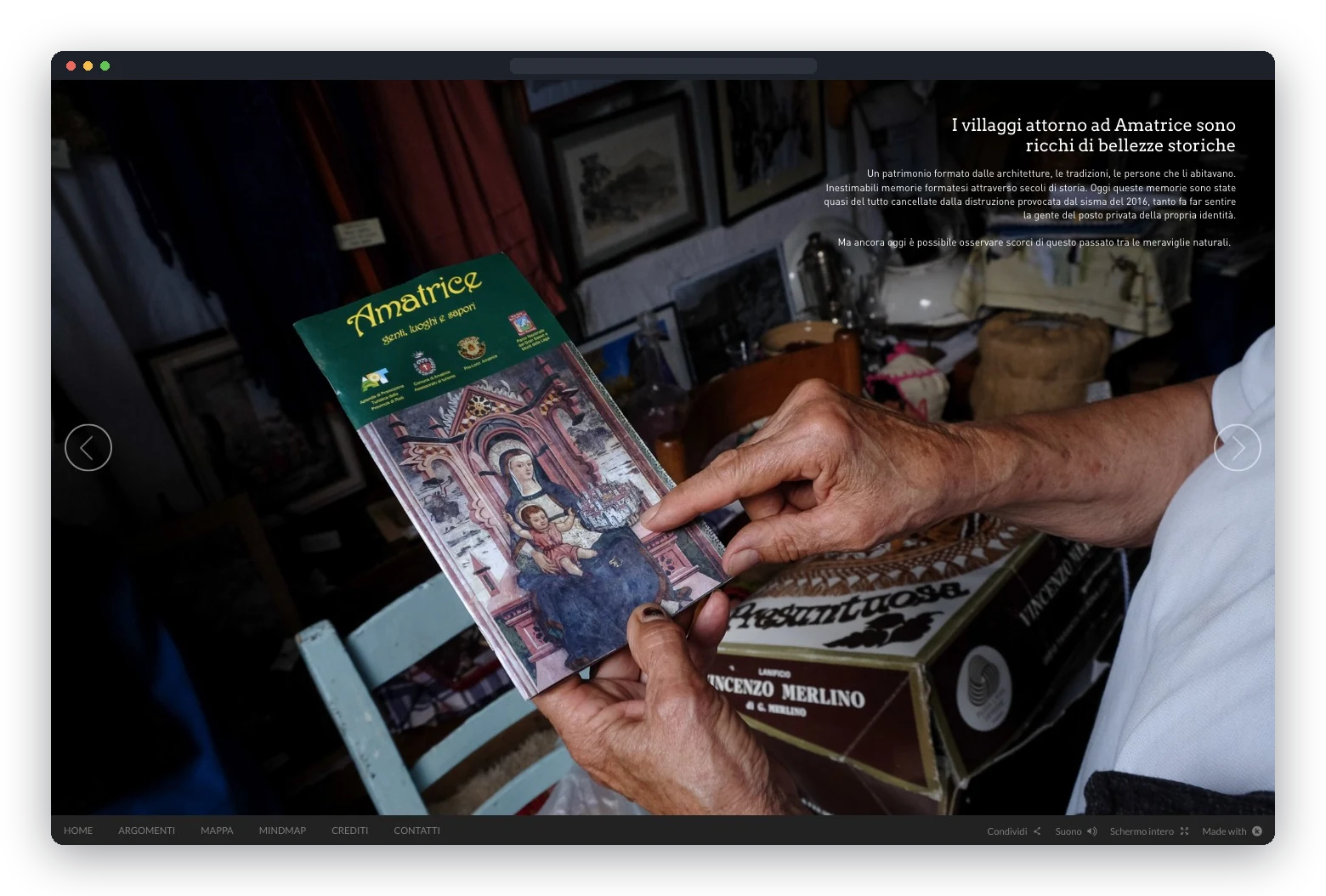 Screen of the interactive documentary: hands showing a historical publication about Amatrice
