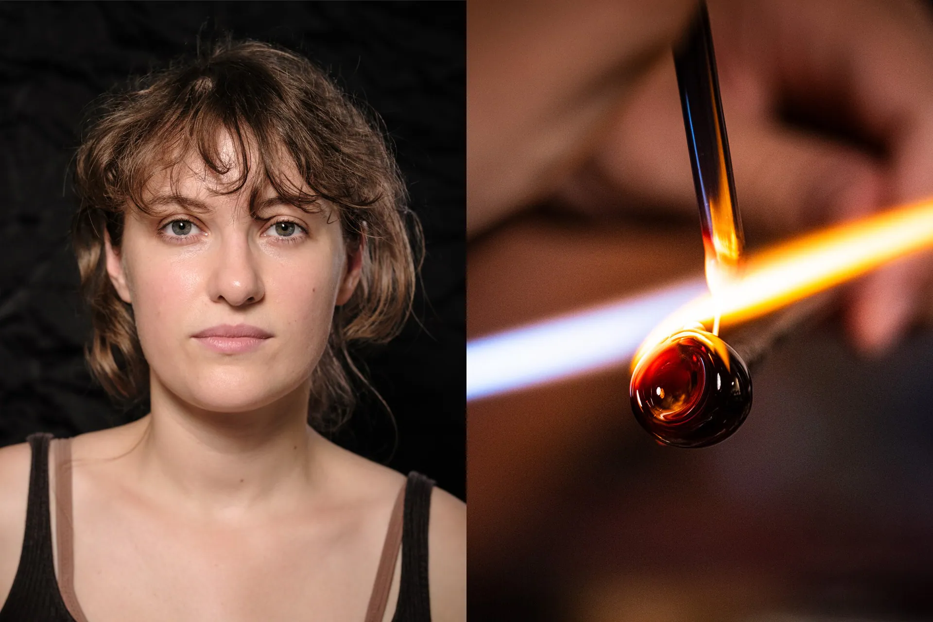 Portrait against black of a young artisan with a fringe, beside a red bead taking shape in the flame