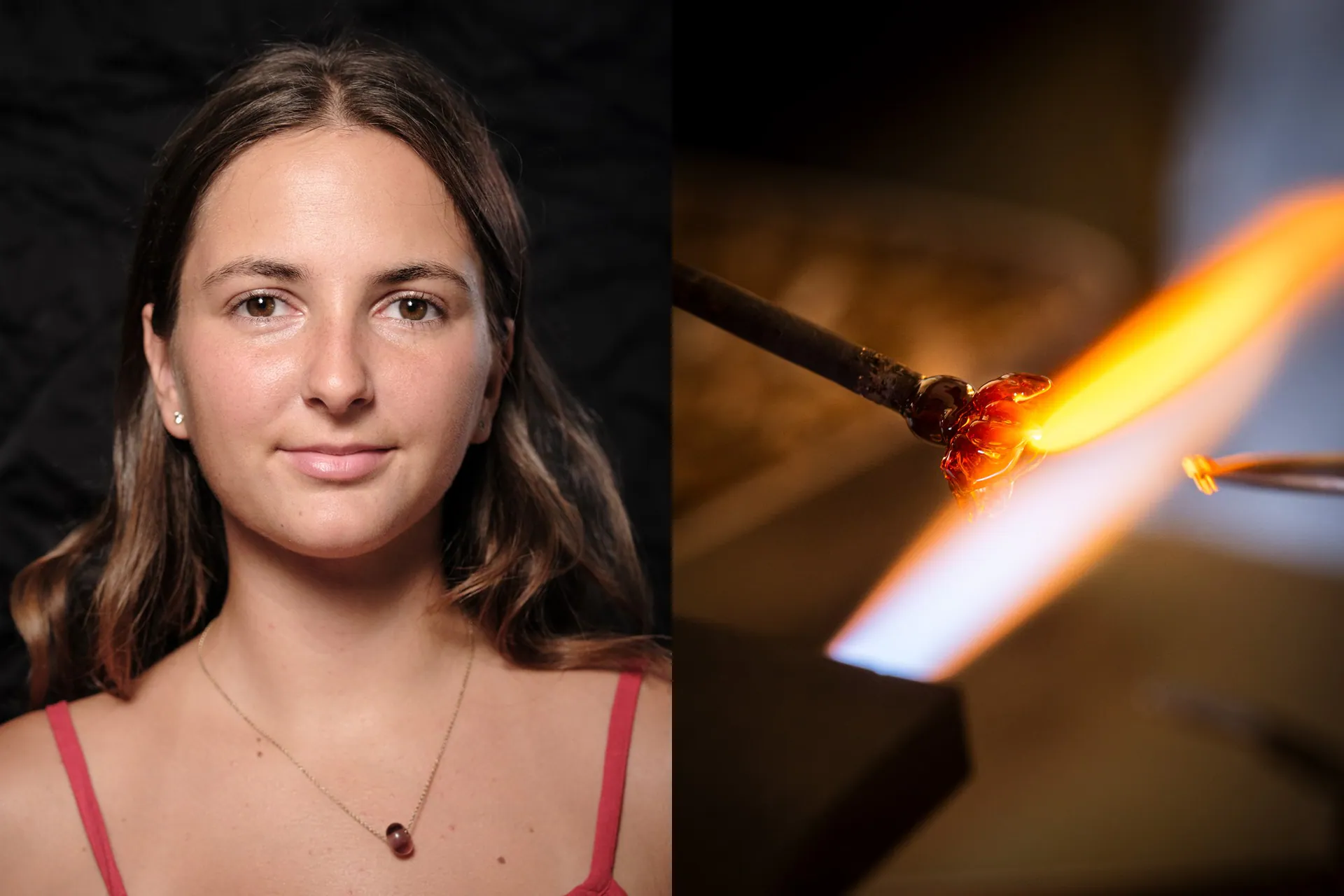 Portrait against black of a young artisan wearing a glass necklace, beside an amber bead worked in the flame