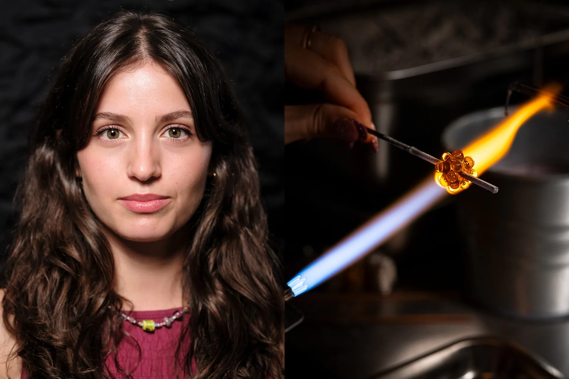 Portrait against black of a young artisan with a necklace of coloured beads, beside a cluster of amber beads in the flame