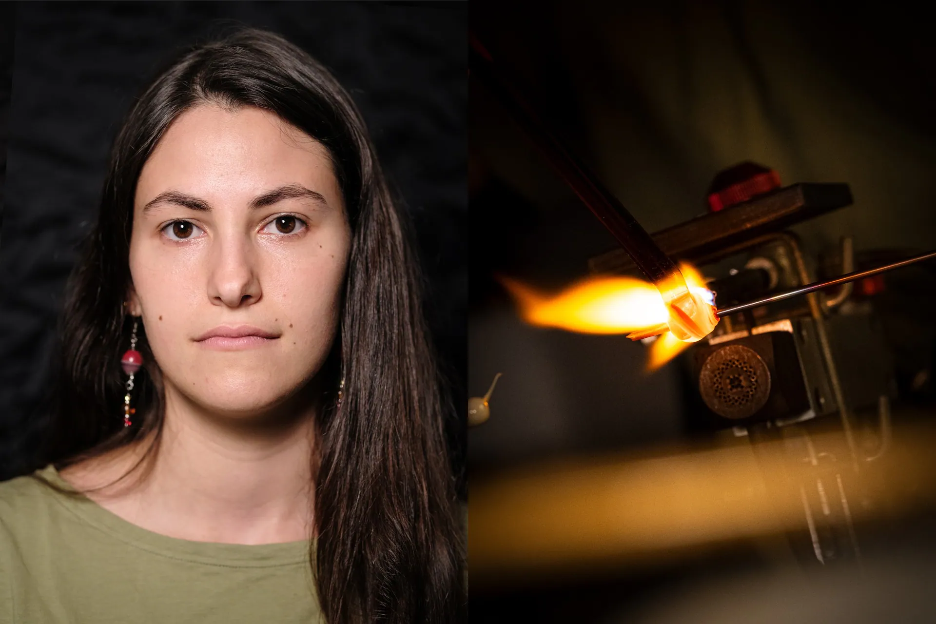 Portrait against black of a young artisan with red bead earrings, beside a white and red bead in the flame