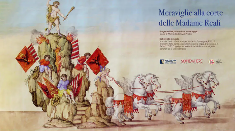 Frame: allegorical float with white horses and the title Meraviglie alla corte delle Madame Reali