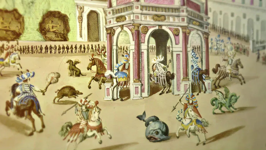 Frame: a court festivity with knights, dragons and a palace, from a coloured engraving