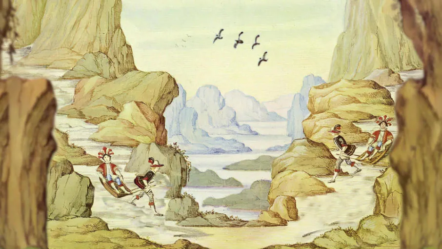 Frame: a landscape of rocks and birds from a period stage design