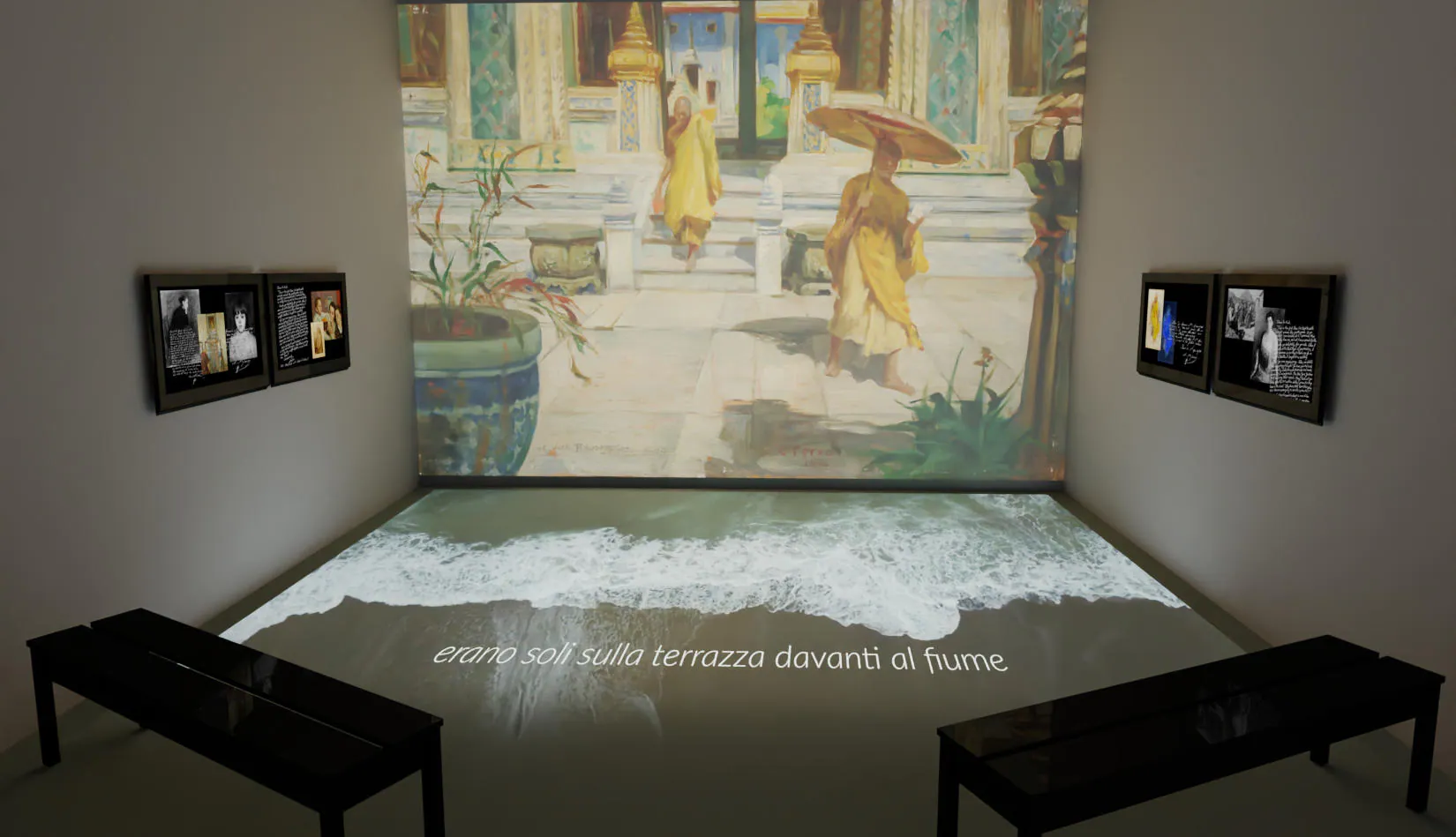 Proiezione immersiva a pavimento in una sala della Pinacoteca Albertina, con un dipinto orientale e l’acqua che sembra muoversi