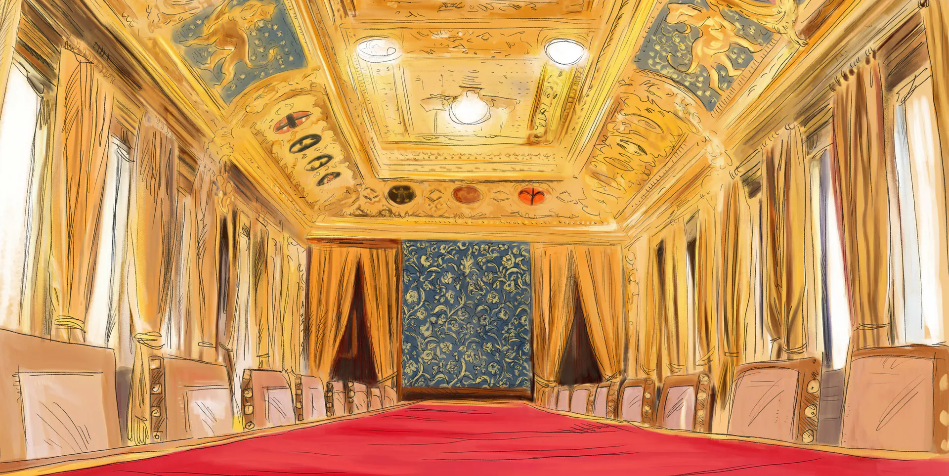 Una sala della Pinacoteca Albertina con soffitto dorato e pareti rosse, dove si svolge la proiezione
