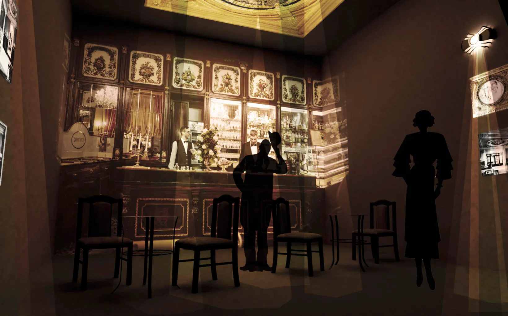 La sala del caffè storico ricostruita con la proiezione e figure in costume