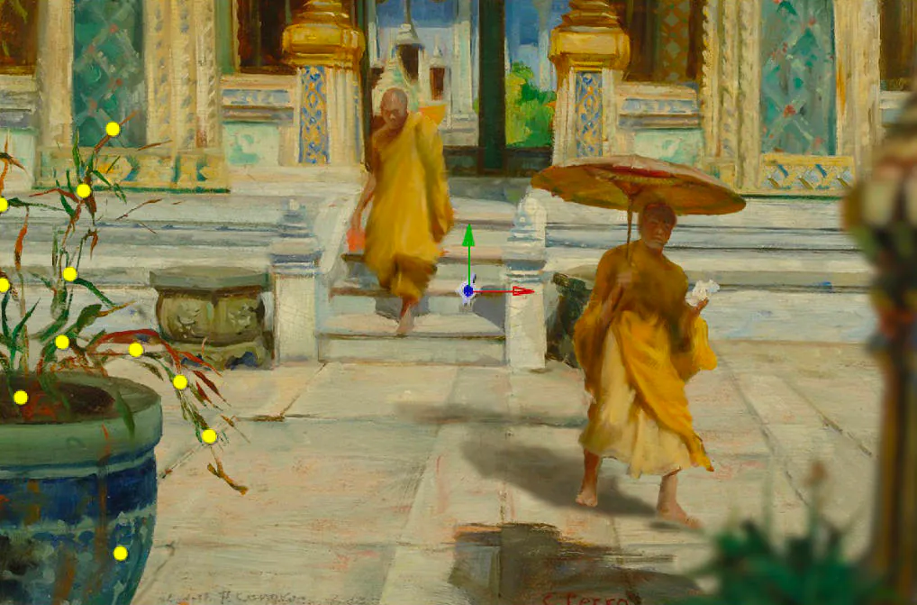 Fotogramma del video: monaci in arancio sulla scalinata di un tempio, dal dipinto animato